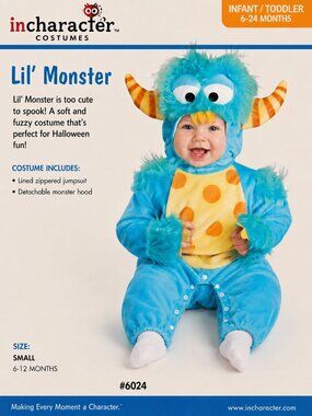 InCharacter Lil' Monster Costume Size Small 6-12 Months Blue Plush Halloween Cos